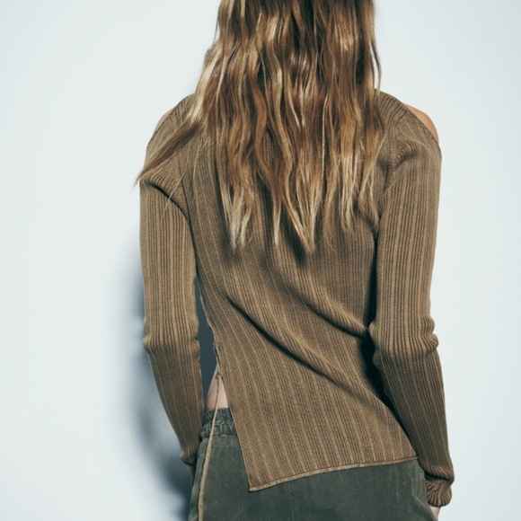 Zara light brown khaki laced cut out long sleeves ribbed cotton NWT - Picture 15 of 15